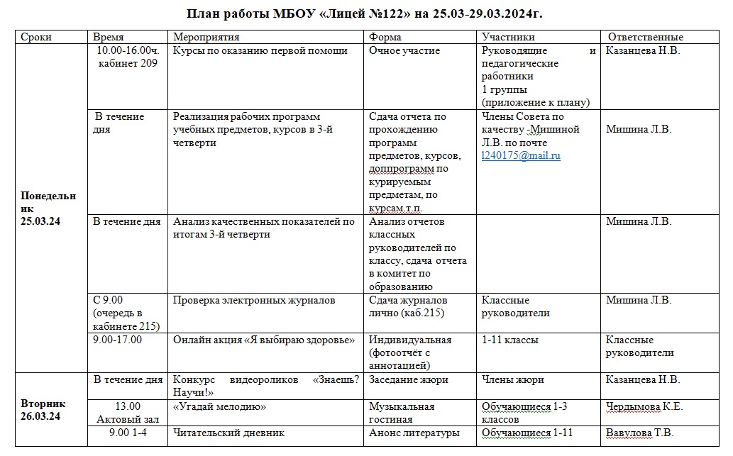 План работы МБОУ «Лицей №122» на 25.03-29.03.2024г..